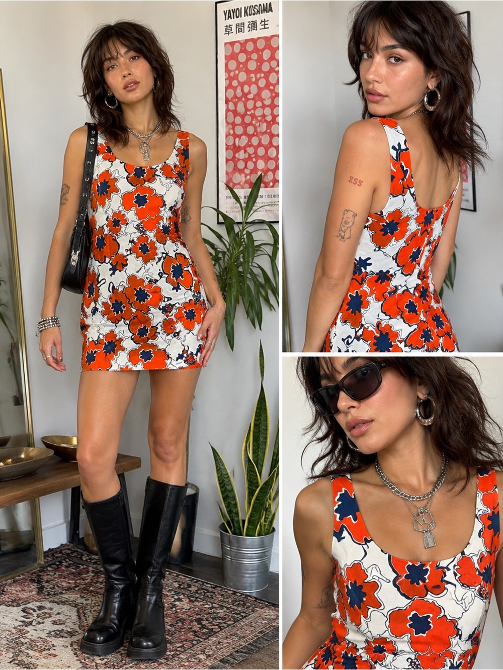 Brooklyn Industries Orange & Navy Funky Floral Shift Tank Mini Dress 🍊🐍